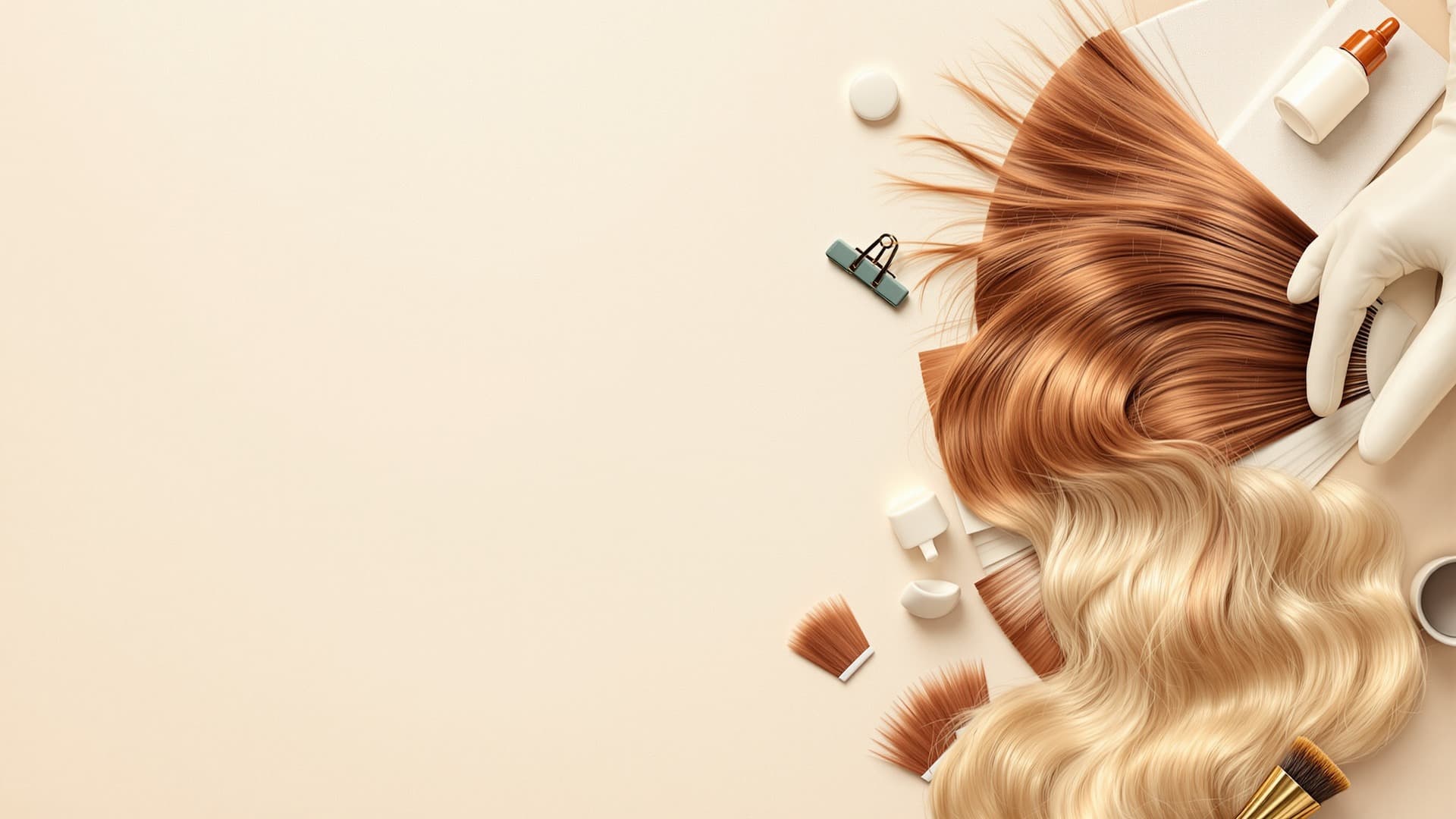 Arrangement of professional hair-colour products and shade swatches
