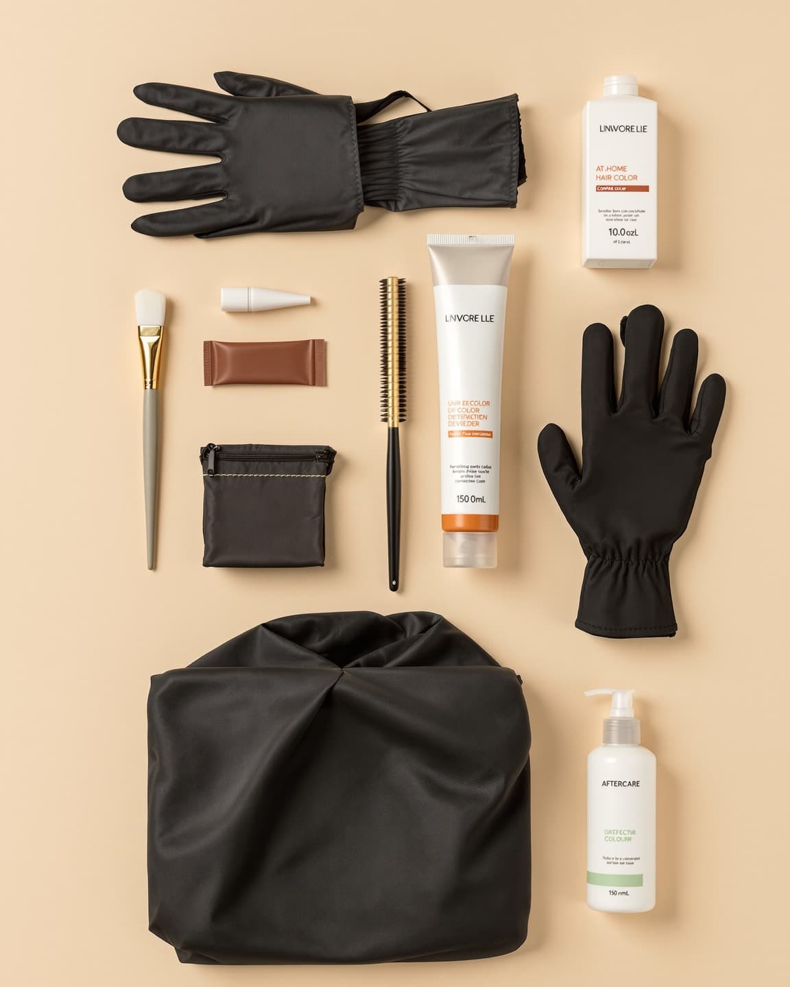 Flat-lay of a complete hair colour application kit with colour tube, developer, gloves, brush, cape, and aftercare